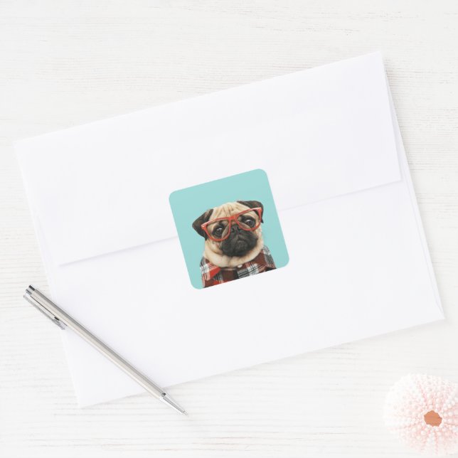 Plaid Shirt Pug Square Sticker (Envelope)