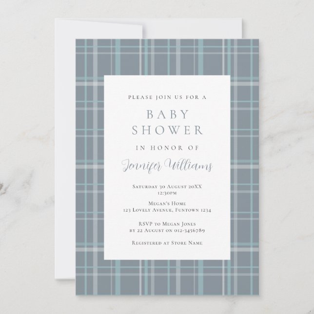 Plaid Simple Blue Boy Baby Shower Invitation (Front)