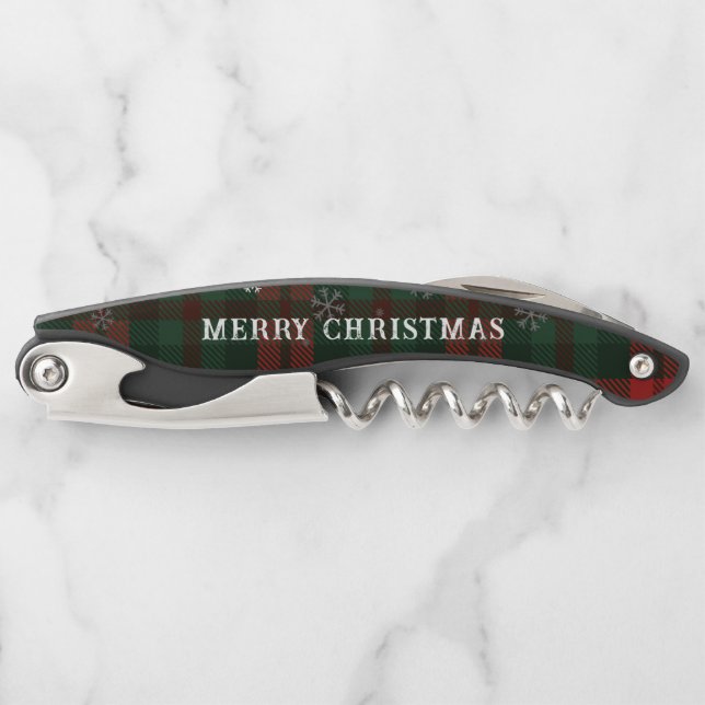 Plaid Snowflakes Merry Christmas Green Rustic Corkscrew (Front)