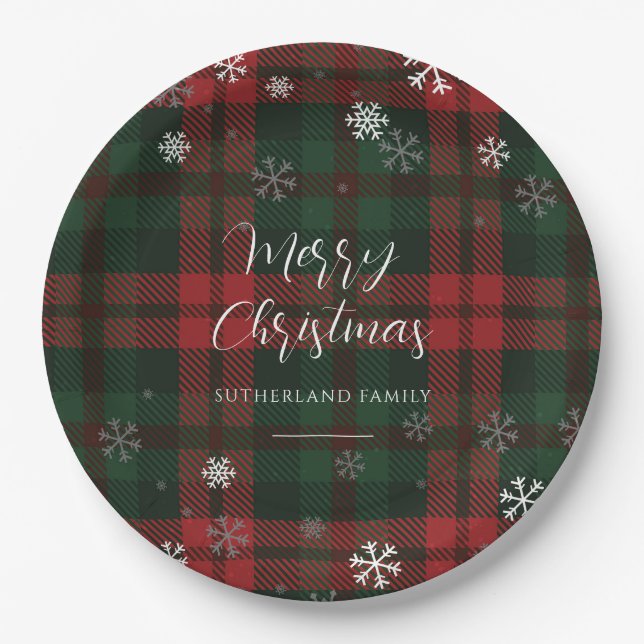 Plaid Snowflakes Pattern Christmas Holiday Party Paper Plate (Front)