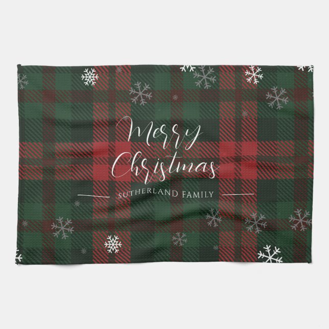 Plaid Snowflakes Pattern Personalised Christmas Tea Towel (Horizontal)