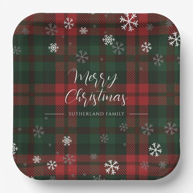 Plaid Snowflakes Pattern Personalised Winter Paper Plate (Front)