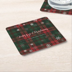 Plaid Snowflakes Pattern Personalised Winter Square Paper Coaster