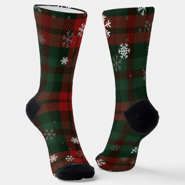 Plaid Snowflakes Rustic Winter Christmas Tartan Socks (Angled)
