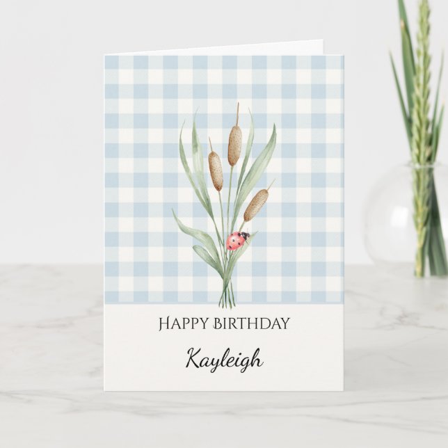 Plaid Stripes Ladybug Cattails Birthday Card (Front)