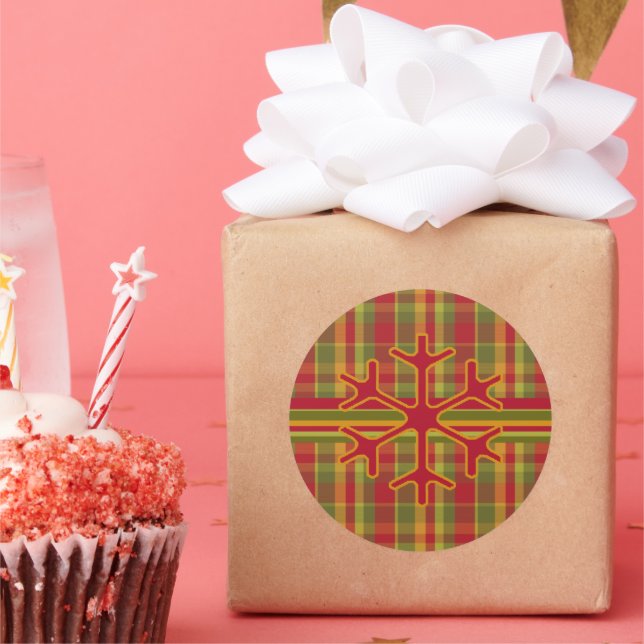Plaid & Stripes Snowflake Sticker  Red Green Tan (Party)