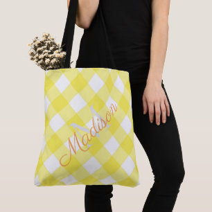 Plaid Summer Yellow Cute Girly Name Monogram Tote Bag