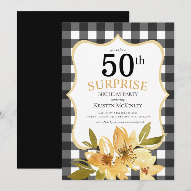 Plaid Surprise 50th Black Yellow Floral Birthday Invitation (Front/Back)