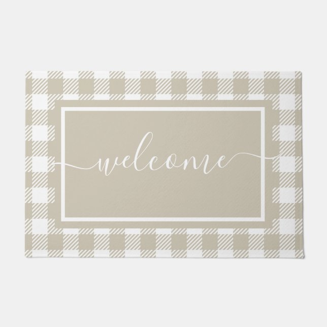 Plaid Tan and White Gingham Pattern Welcome Doormat (Front)