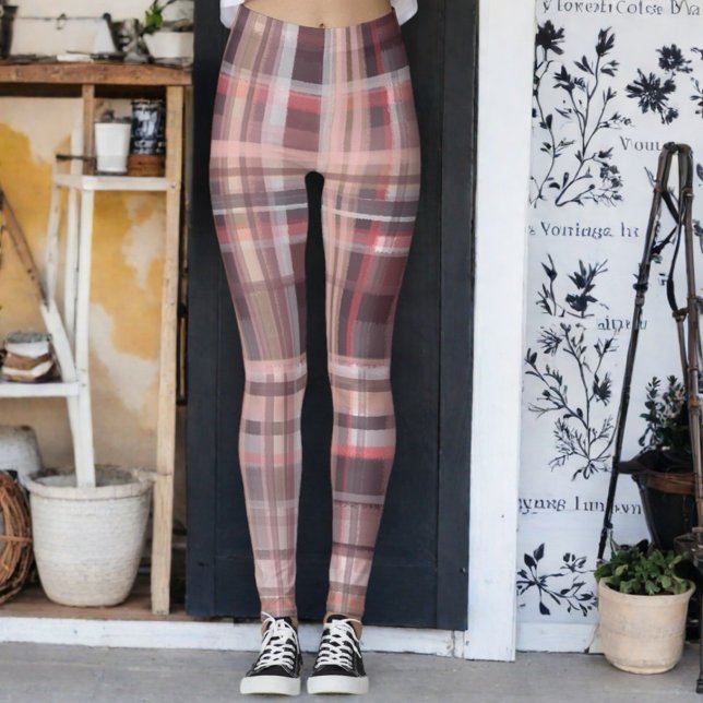 Plaid tartan burgundy red peach pink check stripes leggings (Creator Uploaded)