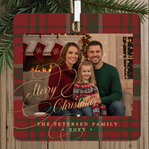 Plaid tartan classic family photo Merry Christmas Metal Tree Decoration