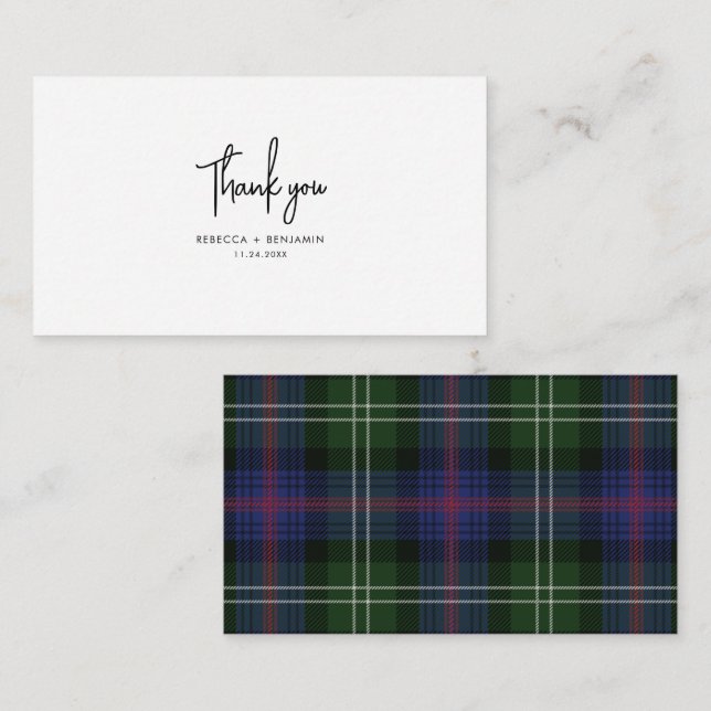 Plaid Tartan Green Purple Rustic Wedding Thank You Card (Front/Back)
