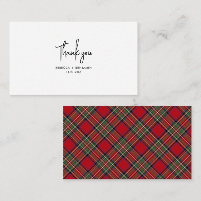Plaid Tartan Green Red Rustic Wedding Thank You Card (Front/Back)
