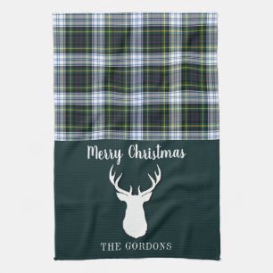 Plaid Tartan Green White Antlers Christmas Family Tea Towel