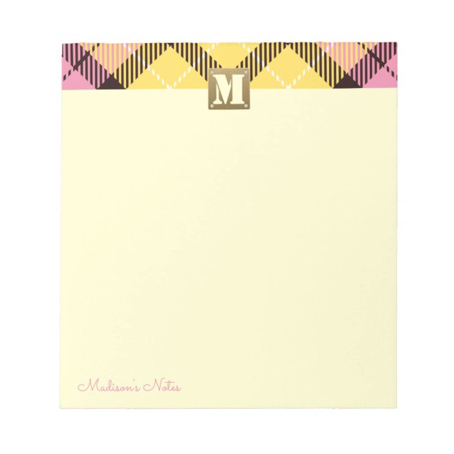 Plaid Tartan Leather Custom Script Monogram Cream Notepad (Front)