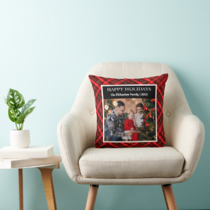 Plaid Tartan Photo Merry Christmas Cushion
