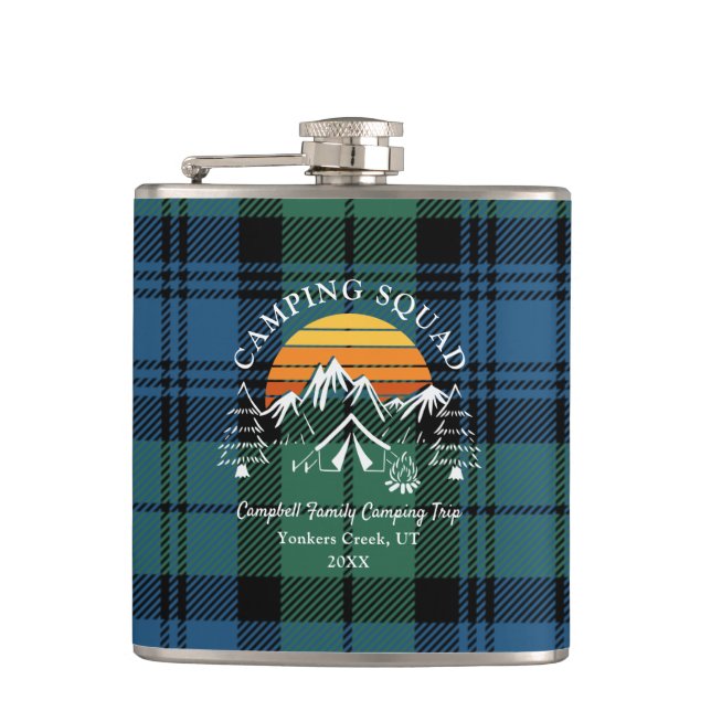 Plaid Tartan Retro Family Camping Squad Dad Hip Flask (Front)