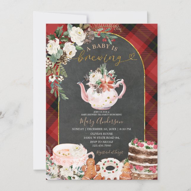 Plaid Tea Party Baby Is Brewing Winter Baby Shower Invitation (Front)
