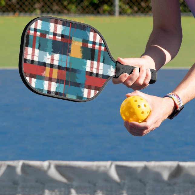 Plaid Teal Red Yellow White Pickleball Paddle (Insitu)
