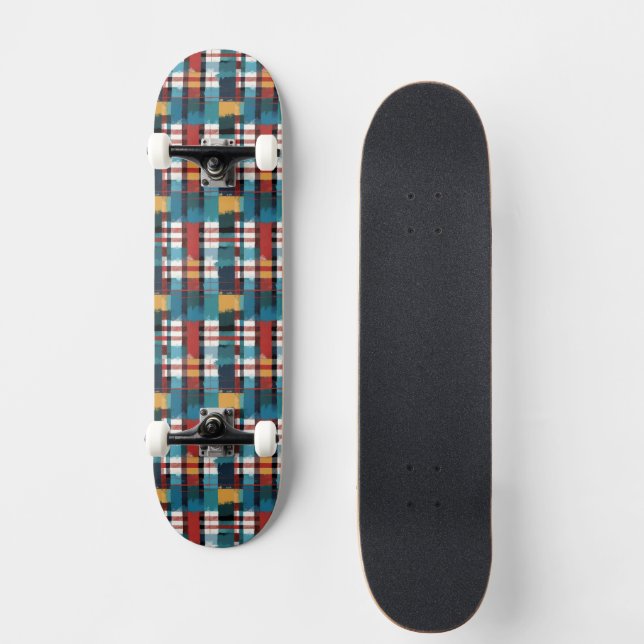 Plaid Teal Red Yellow White Skateboard (Front)