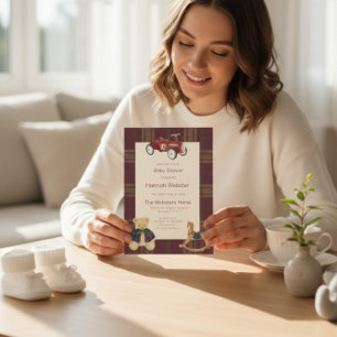 Plaid Teddy Bear Toy Car Baby Shower Invitation