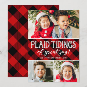 Plaid Tidings 3 Photo Red Collage Christmas Holiday Card