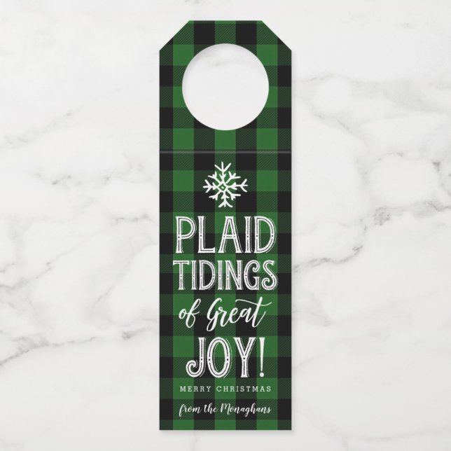 Plaid Tidings | Green |  Personalised Holiday Bottle Tag (Front)