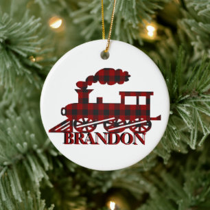 Plaid train personalised  ceramic tree decoration