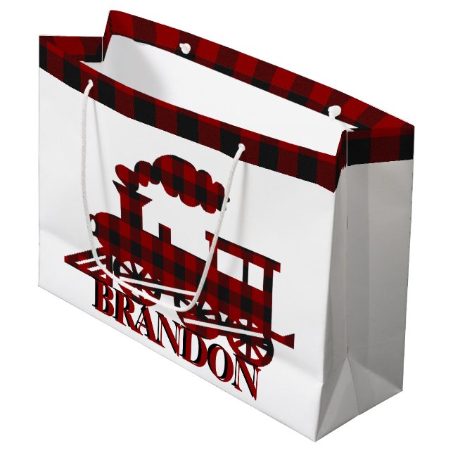 Plaid train personalised  large gift bag (Front Angled)