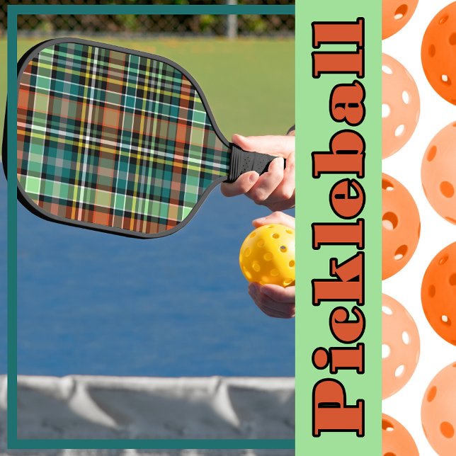 Plaid Turquoise Grey Yellow Orange MInt Green Pickleball Paddle (Plaid Turquoise Gray Yellow Orange MInt Green Pickleball Paddle)
