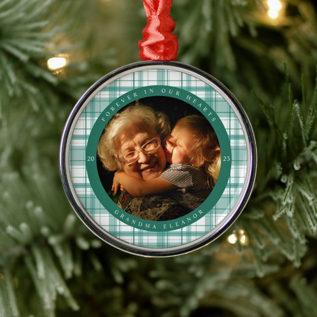 Plaid Turquoise Memorial Photo Metal Ornament (Tree)