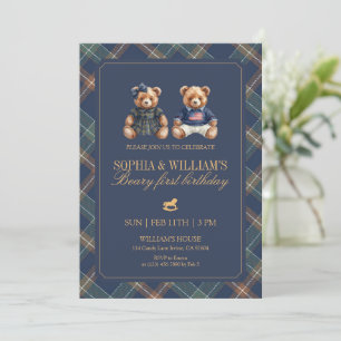 Plaid Twins Teddy Navy Tartan Bear 1st Birthday Invitation