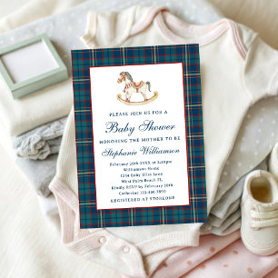 Plaid Vintage Rocking Horse Christmas Baby Shower Invitation