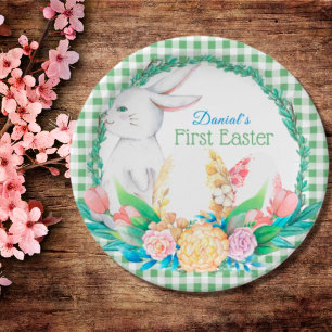 Plaid Watercolor Floral Wreath First Easter Paper Plate
