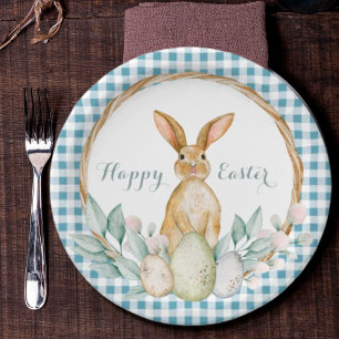Plaid Watercolor Floral Wreath Happy Easter  Paper Plate