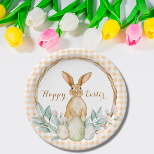 Plaid Watercolor Floral Wreath Happy Easter Paper Plate