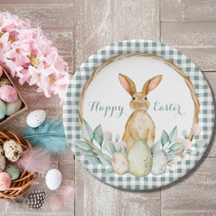 Plaid Watercolor Floral Wreath Happy Easter Paper Plate
