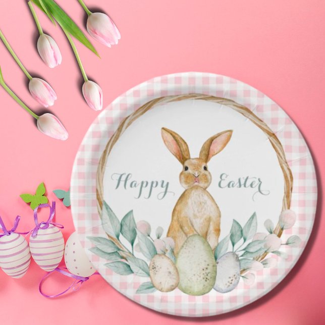 Plaid Watercolor Floral Wreath Happy Easter Paper Plate (Creator Uploaded)