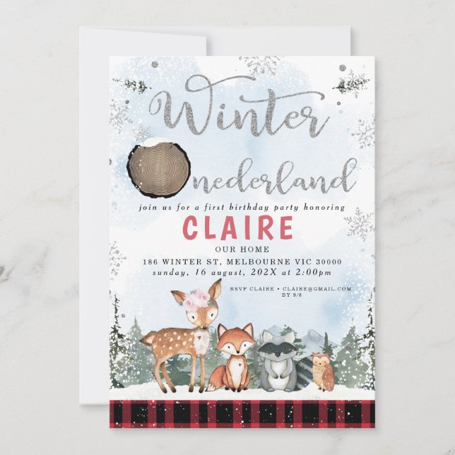 Plaid Winter Onederland Woodland Animals Birthday Invitation (Front)