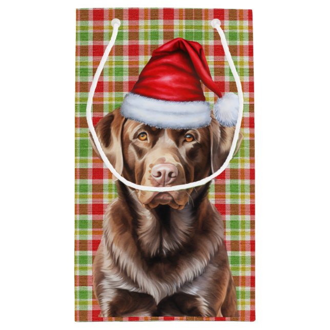 Plaid with a Chocolate Lab Christmas Dog Small Gift Bag (Back)