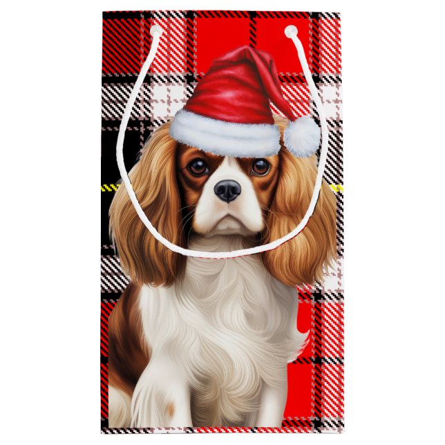 Plaid with a Cute King Charles Christmas Dog Small Gift Bag (Back)