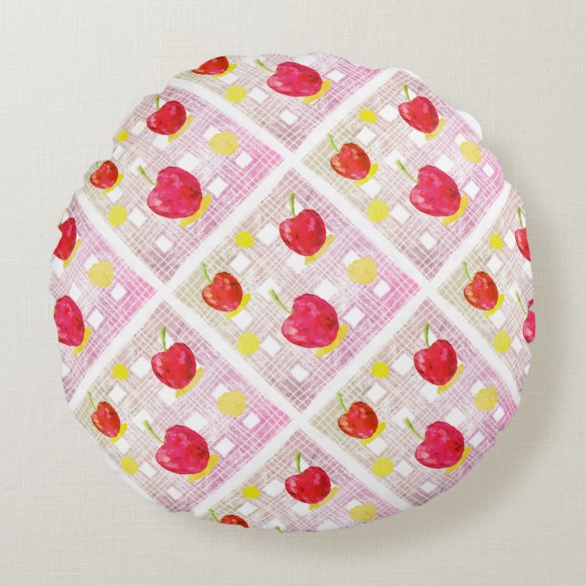 Plaid with Pink Cherries Round Cushion (Front)