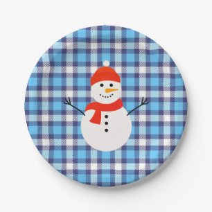Plaid with Snowman Paper Plate