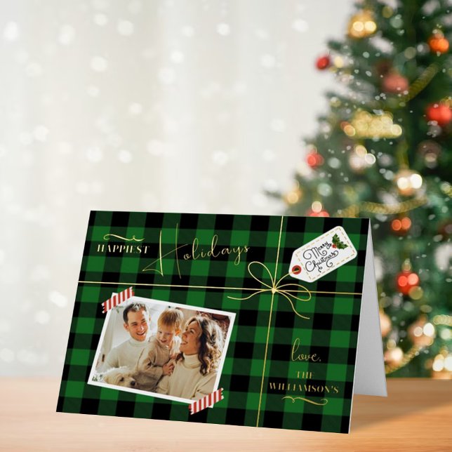 Plaid Wrapped Christmas Present With Photo Real Foil Greeting Card (Creator Uploaded)