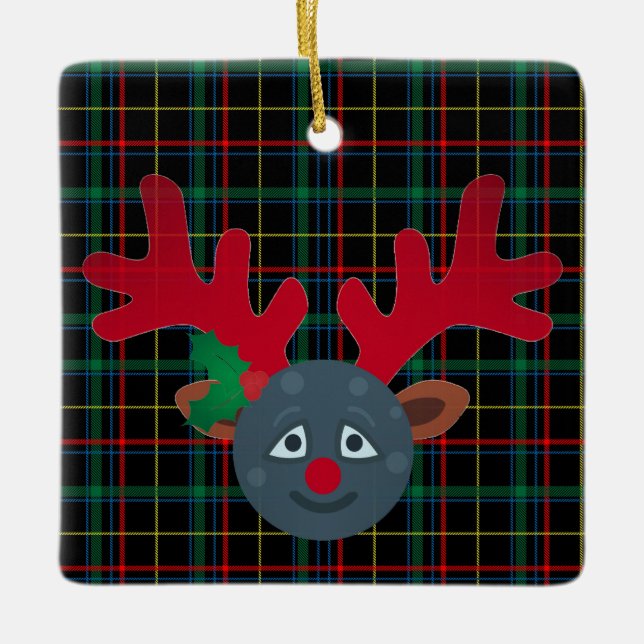 plaid xmas reindeer moon emoji ceramic ornament (Front)