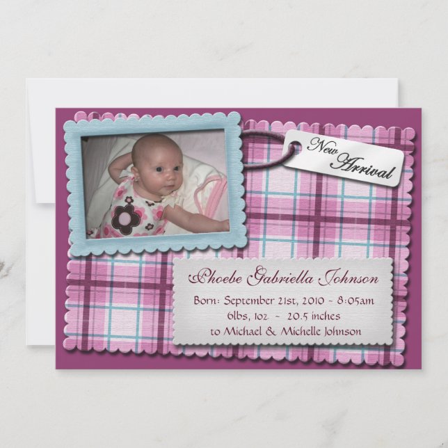 Plaidly Perfect Purple & Blue Birth Announcements (Front)