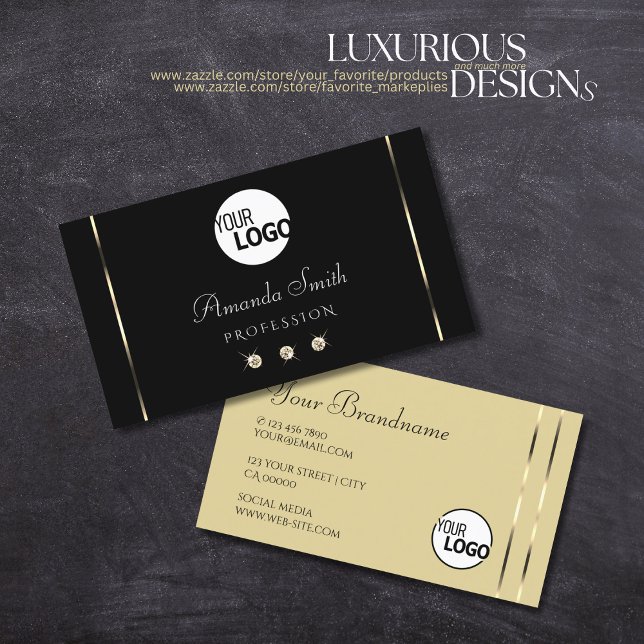 Plain Black and Beige Shimmery Diamonds add Logo Business Card (Creator Uploaded)
