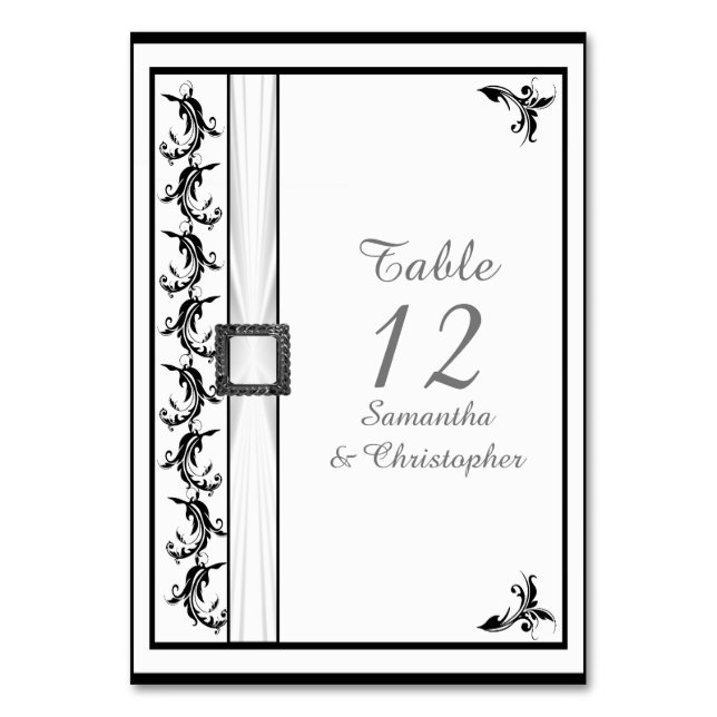 Plain black and white damask white lace wedding table number (Front)