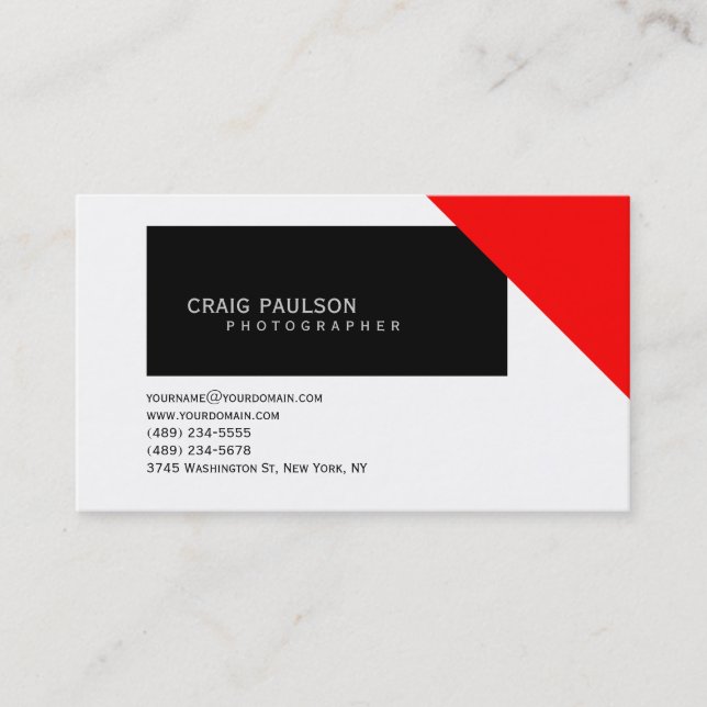 Plain Black Red White Photography Business Card (Front)