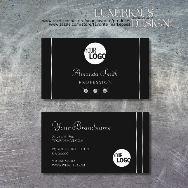 Plain Black Silver Decor Sparkle Diamonds add Logo Business Card (Creator Uploaded)
